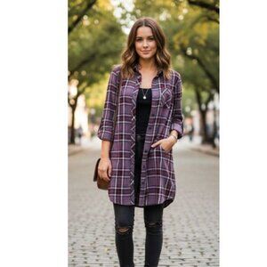 BC Woman dress shirt long tunic Small black gray red plaid pattern long …